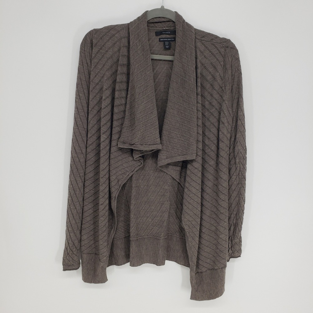 Tahari Open Draped Cardigan Sweater Women M Taupe Pointelle Knit Merino Wool